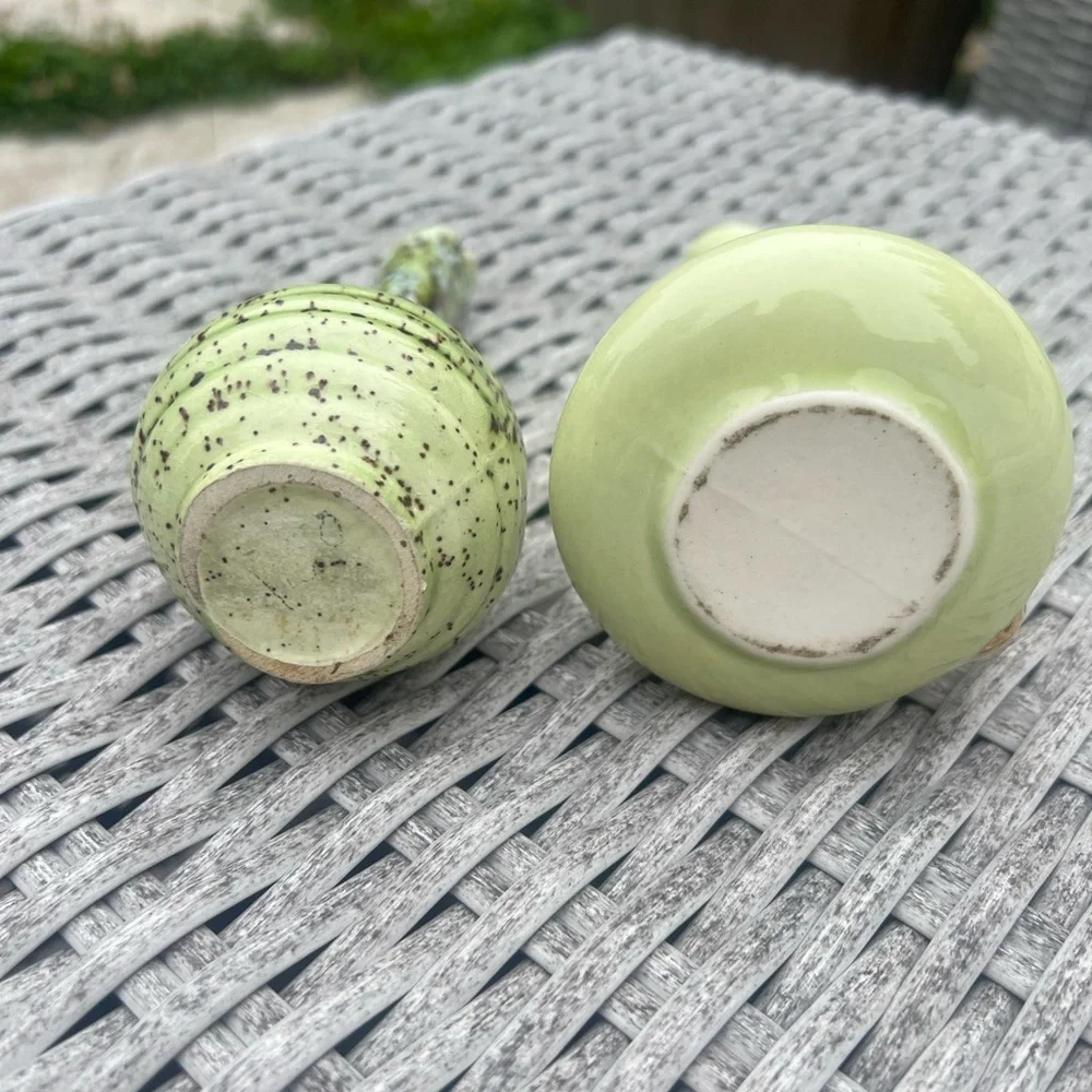 Pair of Vintage Miniature Ceramic Pitcher Vases Green Speckled Pale Yellow Gold